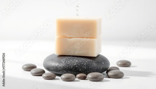 Gentle water drops falling onto natural soap bars stacked on a smooth speckled stone surrounded by small pebbles in a minimalist setting