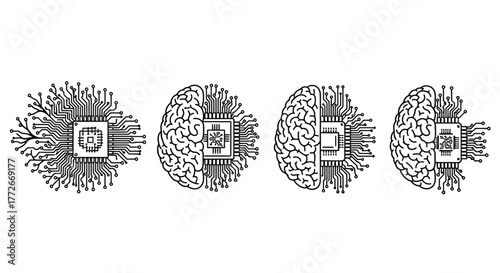 Digital brain concept showing artificial intelligence chip merged with human mind circuits vector