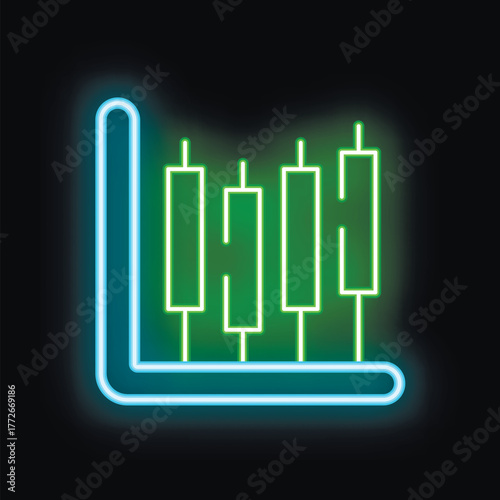 Neon green candlestick chart on a black background, representing market data and financial analysis