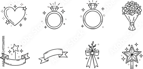 Hand drawn wedding and celebration icons set.