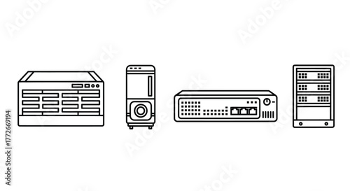Collection of server racks and network devices outline icons for technology and data centers vector