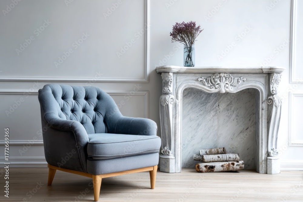 Fototapeta premium Elegant upholstered armchair rests beside a detailed carved marble fireplace mantelpiece