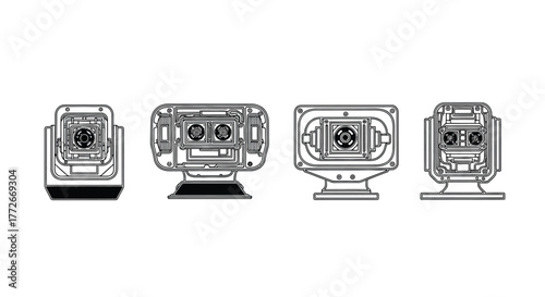 Four unique industrial lighting fixtures with detailed grids and frames vector