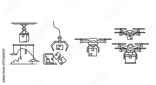 Automated delivery systems showing robotics drones and robotic arms transporting packages and goods vector