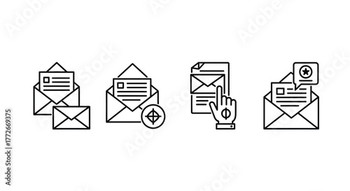 Set of email icons four stylized line art designs representing digital communication concepts vector