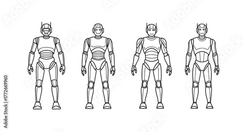 Diverse robotic humanoids standing together in a futuristic design lineup vector