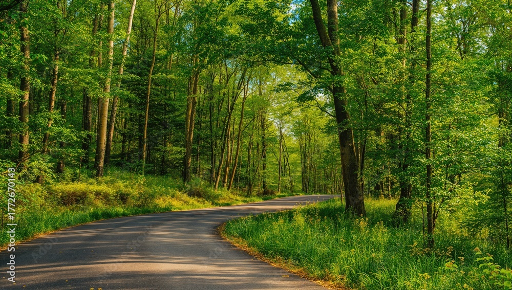 Fototapeta premium Asphalt road surrounded by lush greenery, erosion risk