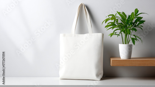 Blank tote bag hanging agai...