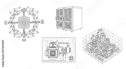 Detailed architectural schematics and engineering blueprints of complex structures and machinery vector