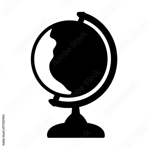 Black and white globe illustration showing geographical details of a continent