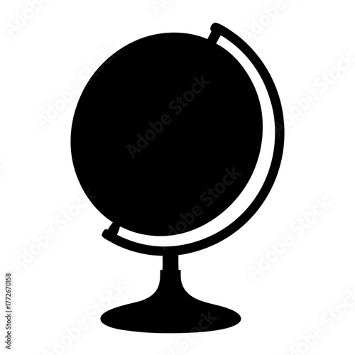 Simple black and white graphic illustration of a traditional world globe