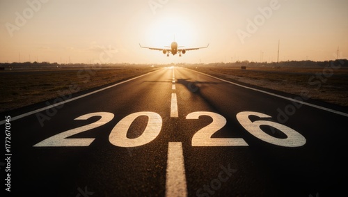 Sunset Airport Runway with Large 2026 Painted on Asphalt, Landing Jet and Long Shadows Aviation Background