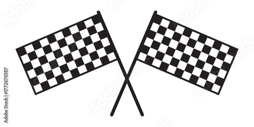 Crossed signal race flags with checkered black and white print. Start or finish symbols on sport car competition. Kart, rally or motocross props. Win or success signs. Vector graphic illustration