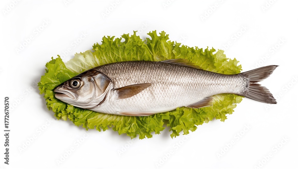 Fototapeta premium Fresh seabass fish served on a bed of lettuce, a protein-rich meal option