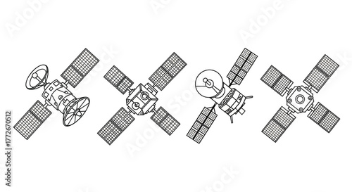 Detailed hand-drawn satellites orbiting space in science fiction style artistic rendering vector