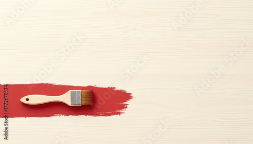 Red paint brush on light wood background creating a vibrant contrast, perfect for design projects and home renovation ideas