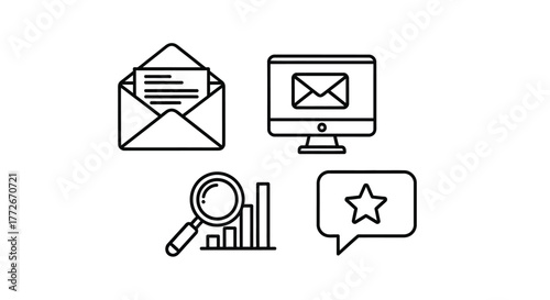 Set of four business icons email computer magnifying glass and star speech bubble hand drawn style vector