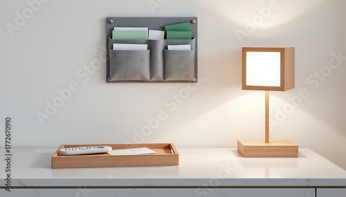 Modern organizational setup with a lamp, remote control, paper, and felt wall organizer against a neutral background