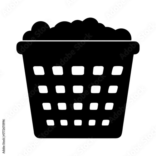 Black Laundry Basket Overflowing with Laundry in Simple Graphic Silhouette Style