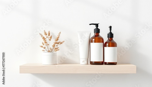 Minimalist bathroom shelf display with brown bottles, white tube, and floral arrangement against a clean white background