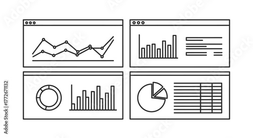 Four distinct business dashboards displaying financial charts graphs and data tables vector