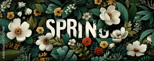 Vibrant Floral Spring Design with White Flowers and Verdant Leaves