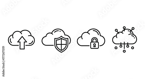 Set of cloud computing icons upload security lock network data storage and technology concepts vector