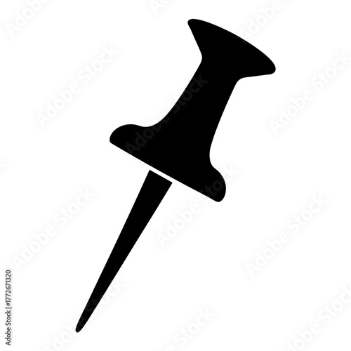 Black silhouette of a push pin or thumb tack on white background