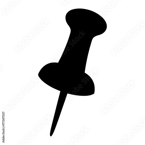 A simple black silhouette illustration of a push pin against white backdrop