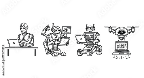 Diverse robot characters engaged in technology and computer work concepts vector