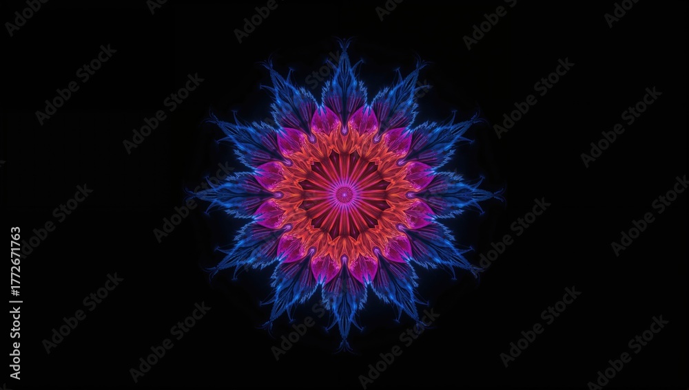 Fototapeta premium Abstract exotic bloom with intricate petals on a dark backdrop. Vibrant fractal art in shades of blue, red, orange, and pink. Psychedelic digital creation.