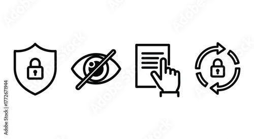 Security and privacy icons set featuring shield lock eye disable document click and refresh lock vector