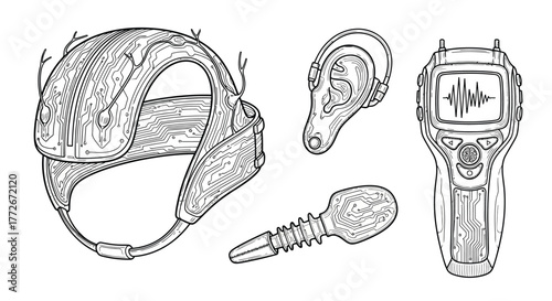 Sketch of medical equipment for hearing tests including audiometer earphones and hearing aid component vector