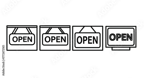 Four open sign variations simple line art icons business retail shop door window display vector