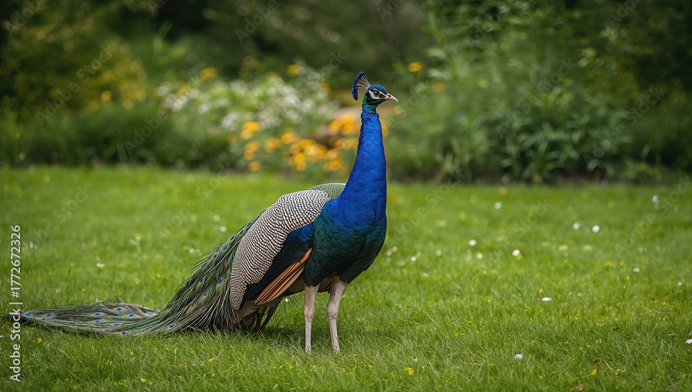 Obraz premium Elegant peacock perched in the yard gazing at the camera, showcasing its vibrant plumage