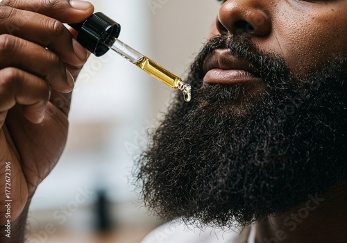 Man applying beard oil, modern grooming routine, self-care for men, beard culture identity, lifestyle editorial, masculinity redefined, barbershop or influencer content