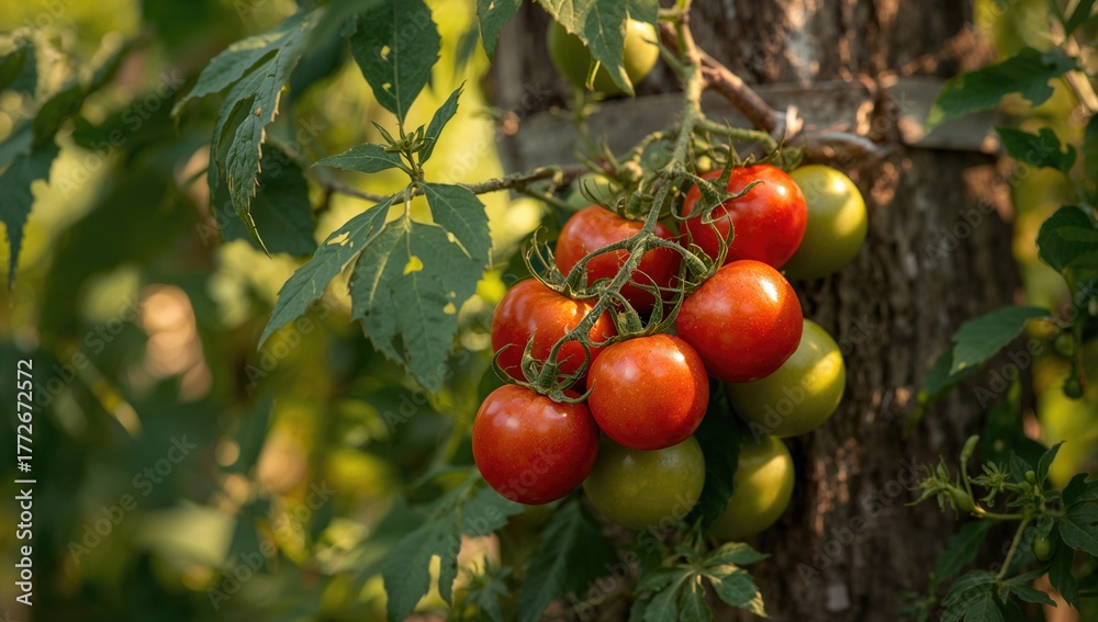 Fototapeta premium Vine with ripening small red tomatoes