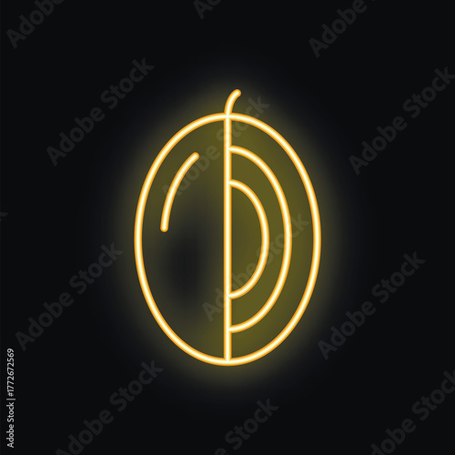 Bright yellow neon sign of a halved apricot is glowing on a black background