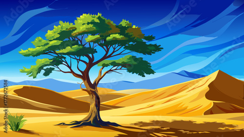 Very beautiful tall tree standing alone amid golden sand dunes in St. Anthony, Idaho, USA, under a bright blue sky, creating a striking desert and nature contrast.