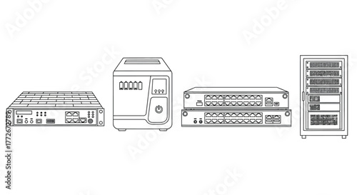 Technical drawings of electronic components and industrial equipment technical diagrams vector