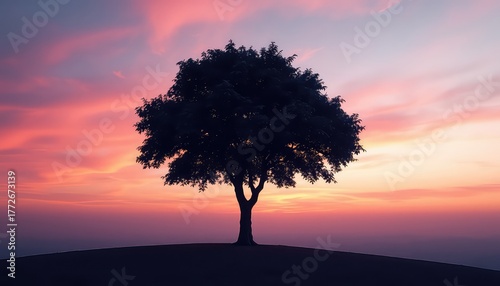 Solitary Tree Silhouette on Horizon Under a Warm Sky with Beautiful Pink and Orange Colored Clouds at Dusk