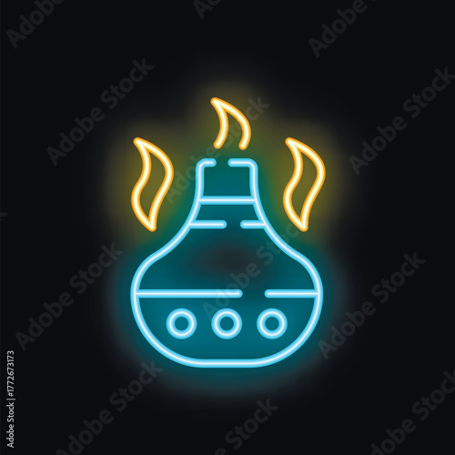 Bright neon icon of a traditional russian samovar boiling water, with steam coming out of its chimney