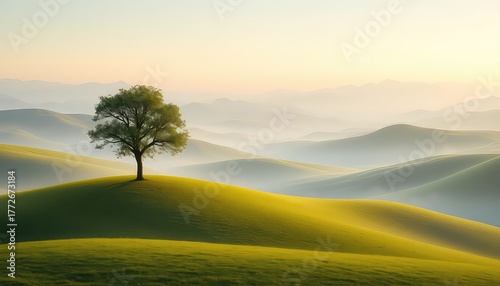 A single tree stands proudly on a grassy hill, overlooking a soft, rolling landscape bathed in the warm light of dawn