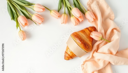 Golden croissant presented with soft peach tulips and draped fabric, ideal for welcoming spring mornings and cheerful celebrations