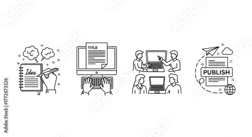 Four hand drawn sketch icons depicting teamwork technology collaboration and online publishing concepts vector