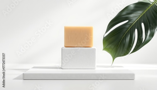 Artisanal soap bar presented on a minimalistic white platform with a tropical leaf accentuating a clean and refreshing beauty concept