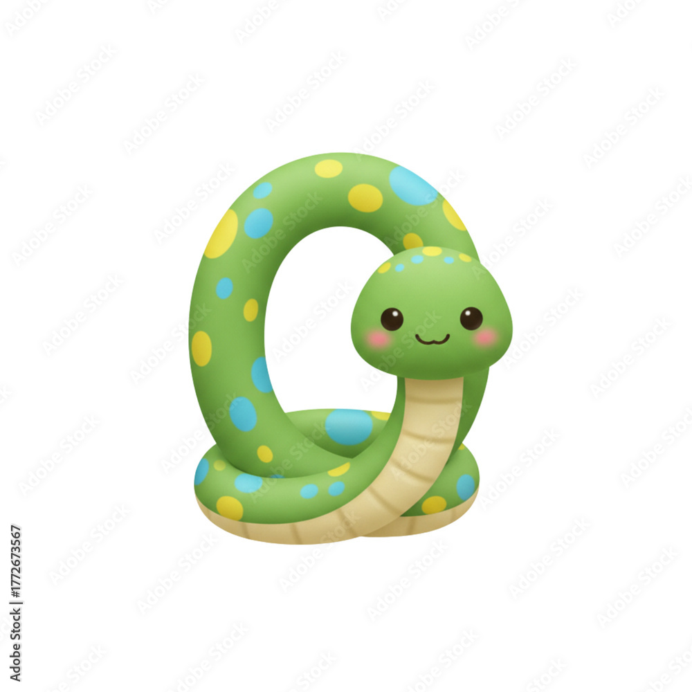 Naklejka premium Adorable cartoon green snake with playful yellow and blue polka dots, perfect for children's books and educational content