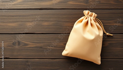 Simple Drawstring Bag on a Dark Stained Wooden Surface, Suggesting a Minimalist Presentation or Storage Solution