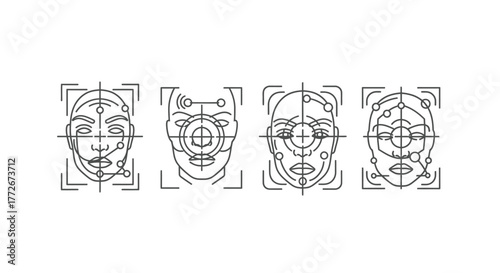 Abstract stylized faces blueprint sketches with technical measurement lines and grid structures vector