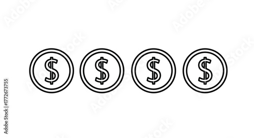 Four hand drawn style coins with dollar sign indicating financial success and wealth accumulation vector
